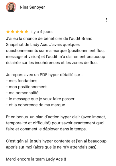 Témoignage client audit Brand Snapshot Lady Ace Branding