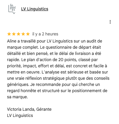 Témoignage client audit Brand Snapshot Lady Ace Branding